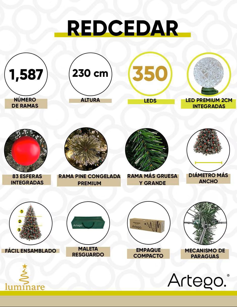 ARTEGO Árbol de navidad Redcedar 83 esferas rojas con 350 luces - Imagen 6
